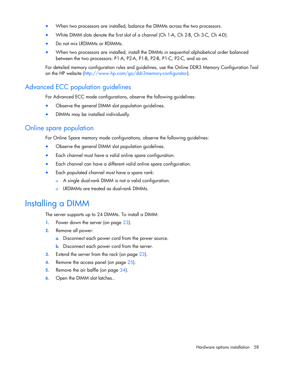 Advanced ecc population guidelines, Online spare population, Installing a dimm | HP ProLiant DL385p Gen8 Server User Manual | Page 58 / 135