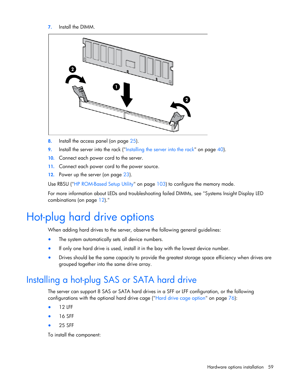 Hot-plug hard drive options, Installing a hot-plug sas or sata hard drive | HP ProLiant DL385p Gen8 Server User Manual | Page 59 / 135