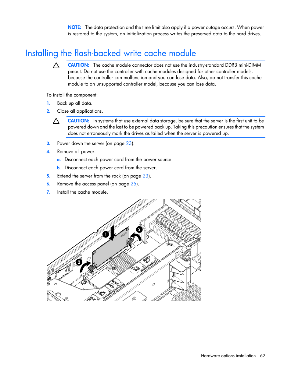 Installing the flash-backed write cache module | HP ProLiant DL385p Gen8 Server User Manual | Page 62 / 135