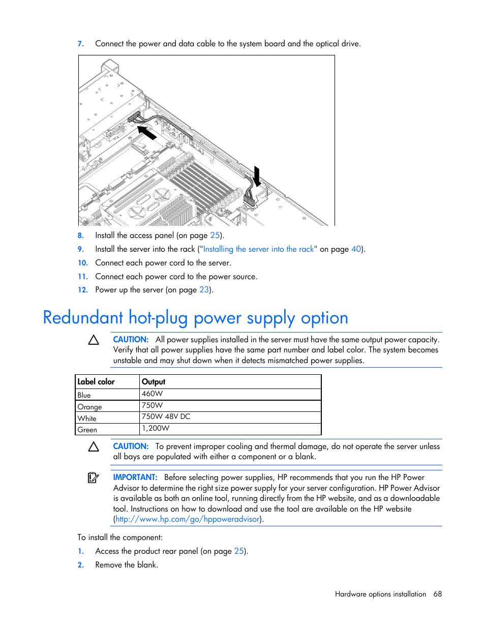 Redundant hot-plug power supply option | HP ProLiant DL385p Gen8 Server User Manual | Page 68 / 135