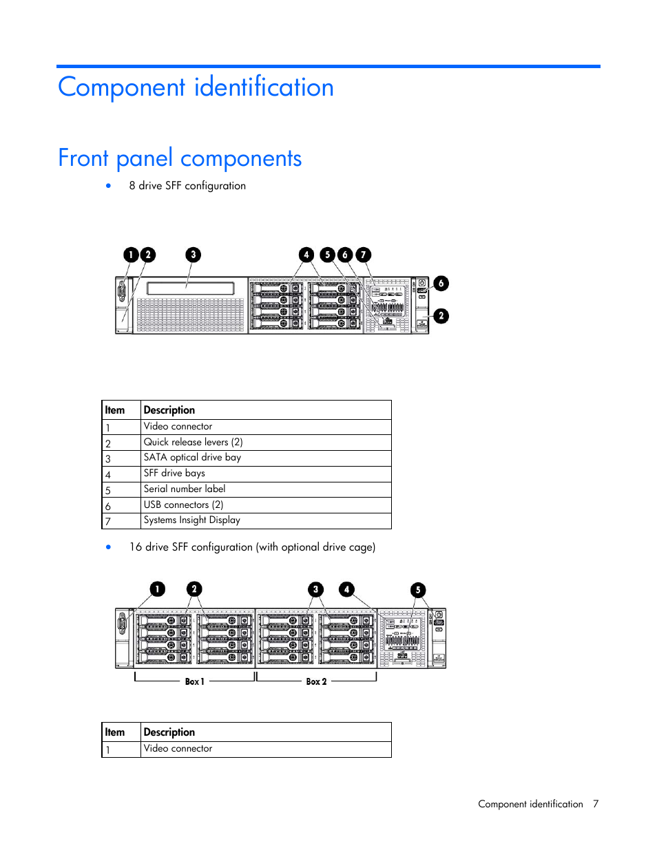 Component identification, Front panel components | HP ProLiant DL385p Gen8 Server User Manual | Page 7 / 135