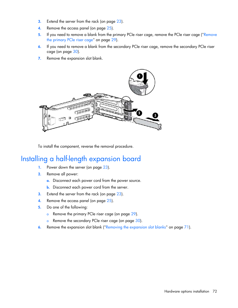 Installing a half-length expansion board | HP ProLiant DL385p Gen8 Server User Manual | Page 72 / 135