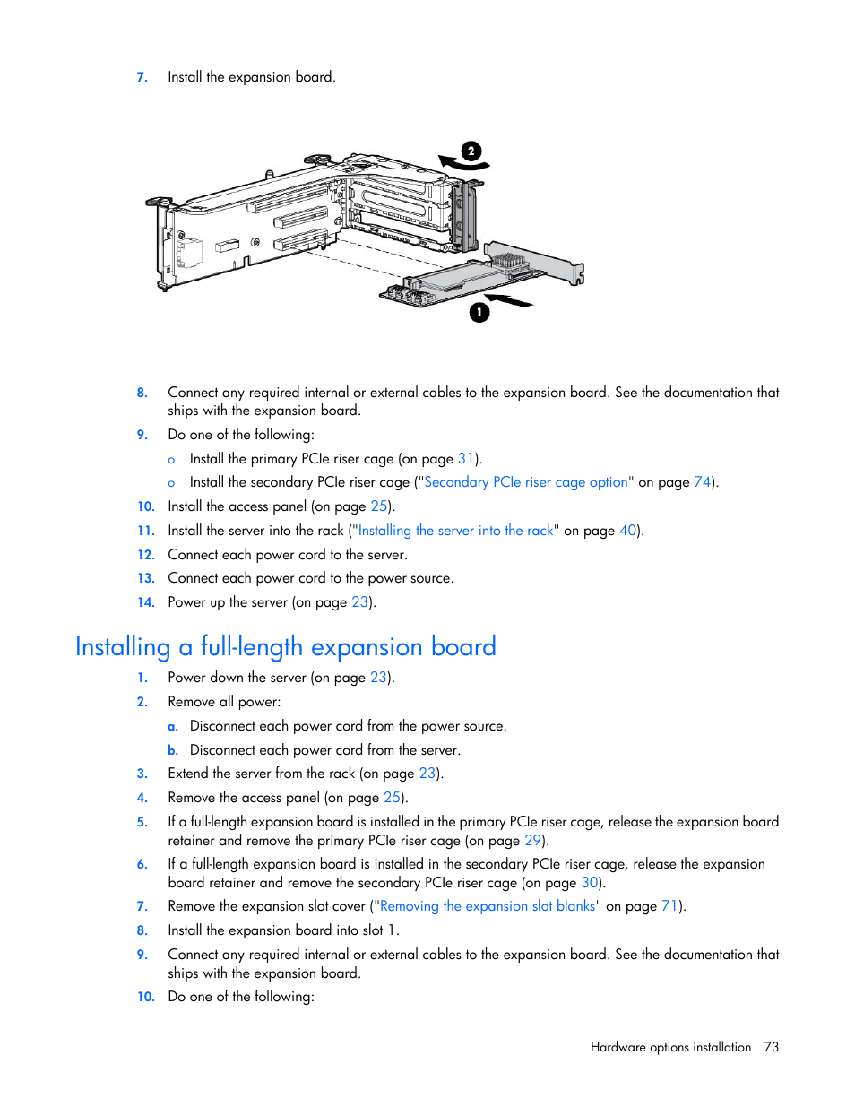Installing a full-length expansion board | HP ProLiant DL385p Gen8 Server User Manual | Page 73 / 135