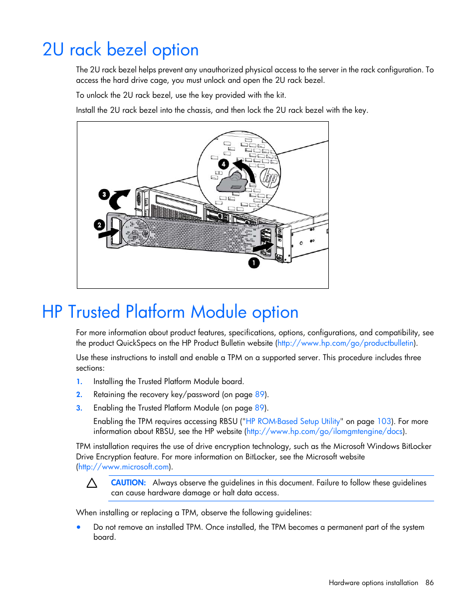 2u rack bezel option, Hp trusted platform module option | HP ProLiant DL385p Gen8 Server User Manual | Page 86 / 135