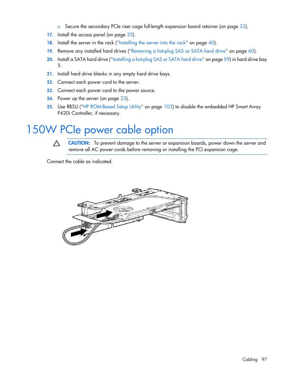 150w pcie power cable option | HP ProLiant DL385p Gen8 Server User Manual | Page 97 / 135