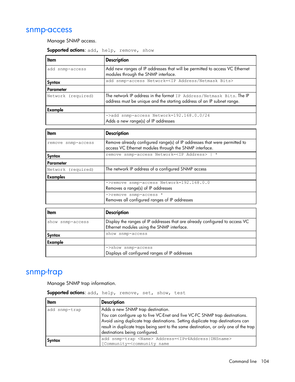 Snmp-access, Snmp-trap | HP Virtual Connect 4Gb Fibre Channel Module for c-Class BladeSystem User Manual | Page 104 / 192