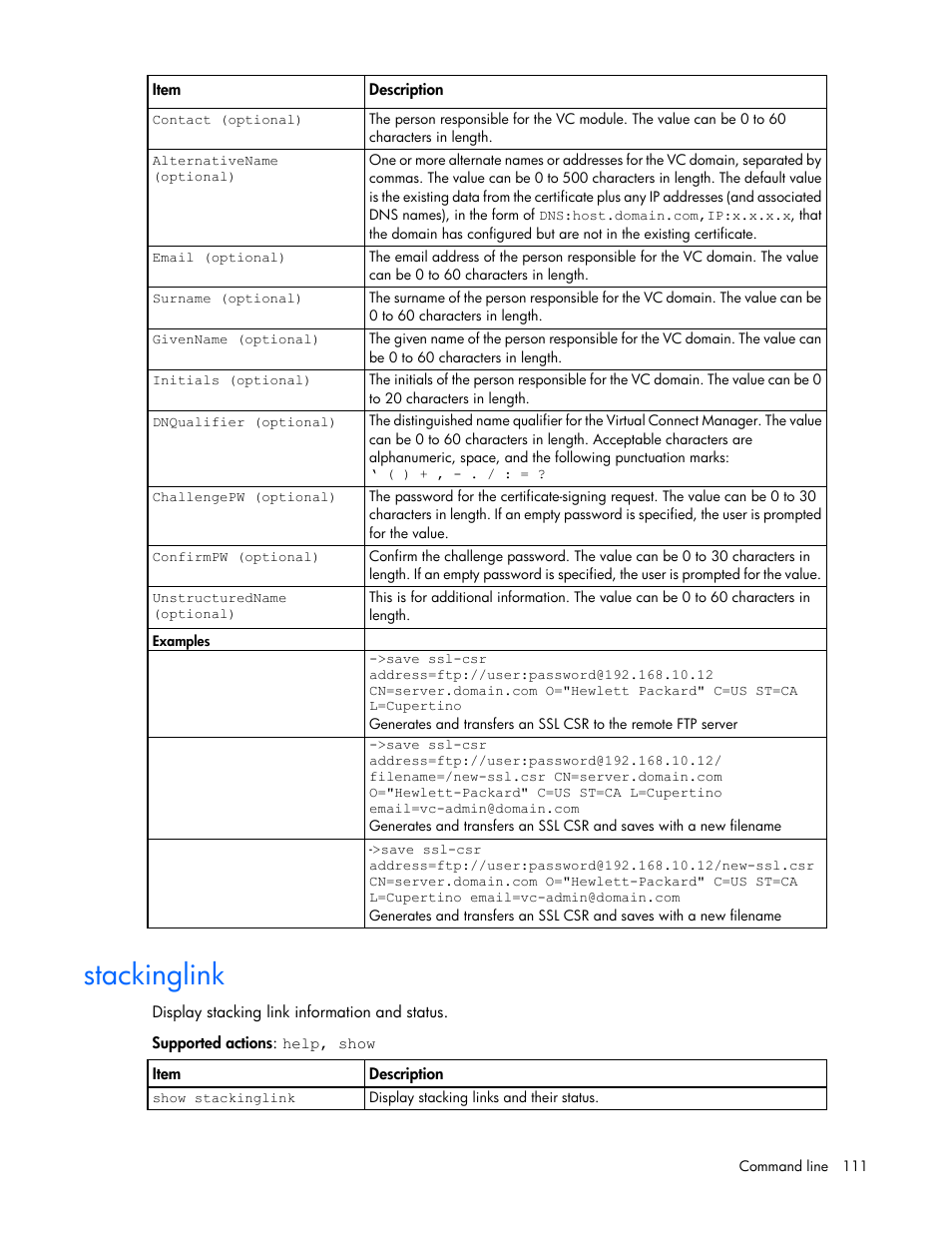 Stackinglink | HP Virtual Connect 4Gb Fibre Channel Module for c-Class BladeSystem User Manual | Page 111 / 192