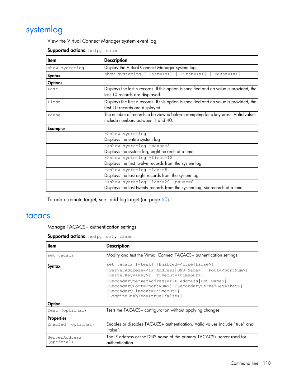 Systemlog, Tacacs | HP Virtual Connect 4Gb Fibre Channel Module for c-Class BladeSystem User Manual | Page 118 / 192