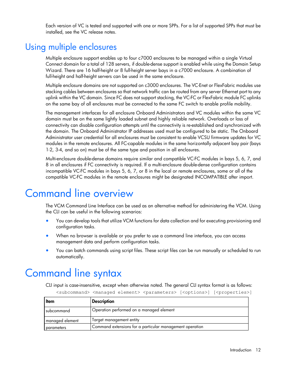 Using multiple enclosures, Command line overview, Command line syntax | HP Virtual Connect 4Gb Fibre Channel Module for c-Class BladeSystem User Manual | Page 12 / 192