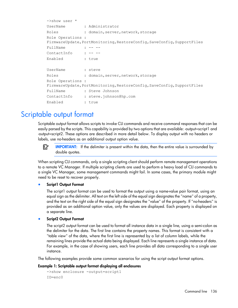 Scriptable output format | HP Virtual Connect 4Gb Fibre Channel Module for c-Class BladeSystem User Manual | Page 136 / 192