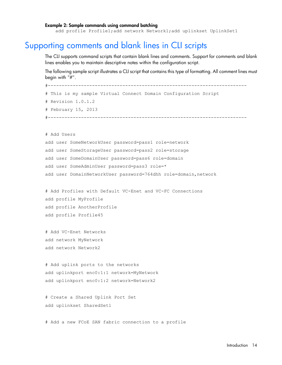 Supporting comments and blank lines in cli scripts | HP Virtual Connect 4Gb Fibre Channel Module for c-Class BladeSystem User Manual | Page 14 / 192