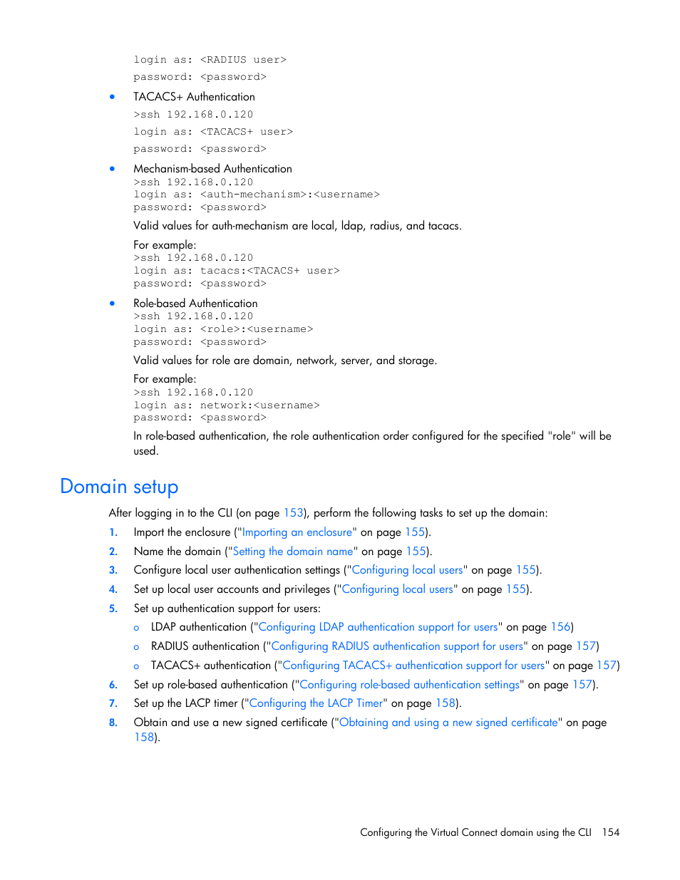 Domain setup | HP Virtual Connect 4Gb Fibre Channel Module for c-Class BladeSystem User Manual | Page 154 / 192