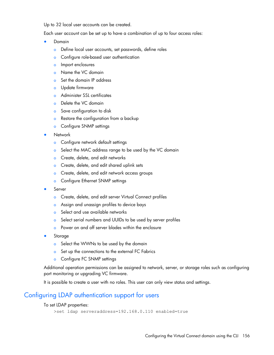 Configuring ldap authentication support for users | HP Virtual Connect 4Gb Fibre Channel Module for c-Class BladeSystem User Manual | Page 156 / 192