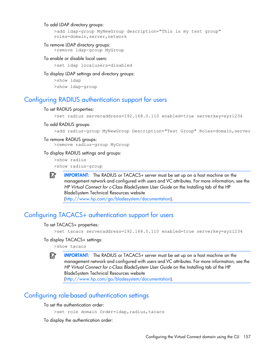 Configuring role-based authentication settings | HP Virtual Connect 4Gb Fibre Channel Module for c-Class BladeSystem User Manual | Page 157 / 192
