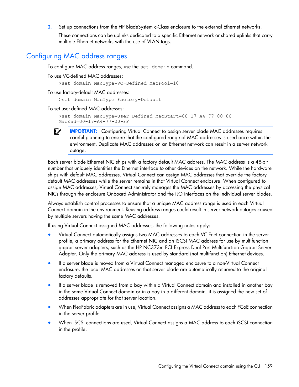 Configuring mac address ranges | HP Virtual Connect 4Gb Fibre Channel Module for c-Class BladeSystem User Manual | Page 159 / 192
