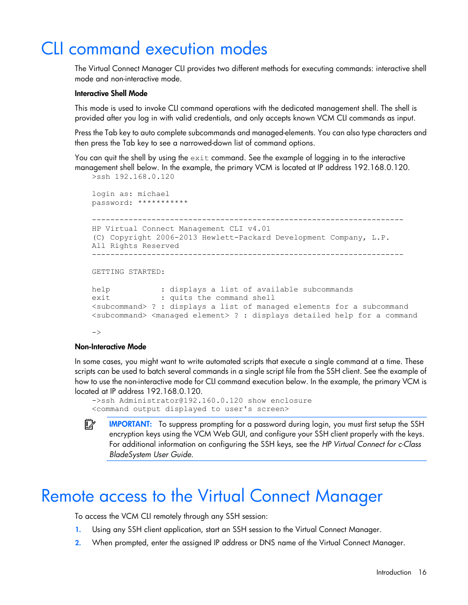 Cli command execution modes, Remote access to the virtual connect manager | HP Virtual Connect 4Gb Fibre Channel Module for c-Class BladeSystem User Manual | Page 16 / 192