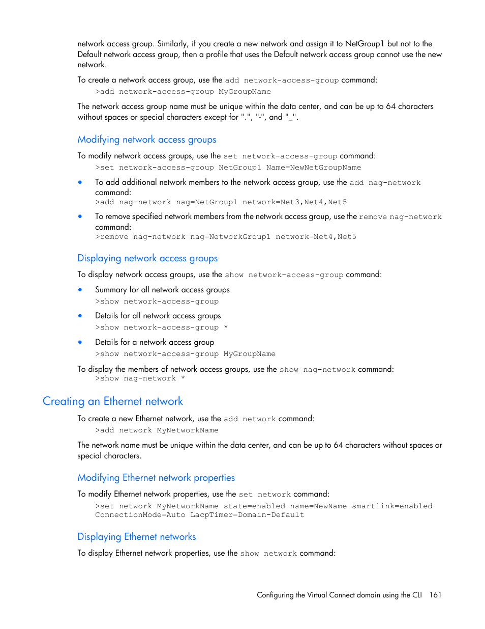 Modifying network access groups, Displaying network access groups, Creating an ethernet network | Modifying ethernet network properties, Displaying ethernet networks | HP Virtual Connect 4Gb Fibre Channel Module for c-Class BladeSystem User Manual | Page 161 / 192