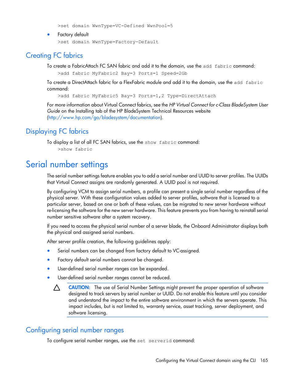 Creating fc fabrics, Displaying fc fabrics, Serial number settings | Configuring serial number ranges | HP Virtual Connect 4Gb Fibre Channel Module for c-Class BladeSystem User Manual | Page 165 / 192