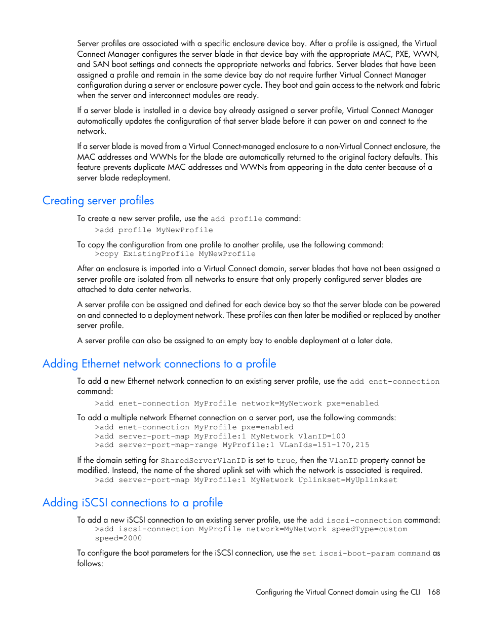 Creating server profiles, Adding ethernet network connections to a profile, Adding iscsi connections to a profile | HP Virtual Connect 4Gb Fibre Channel Module for c-Class BladeSystem User Manual | Page 168 / 192