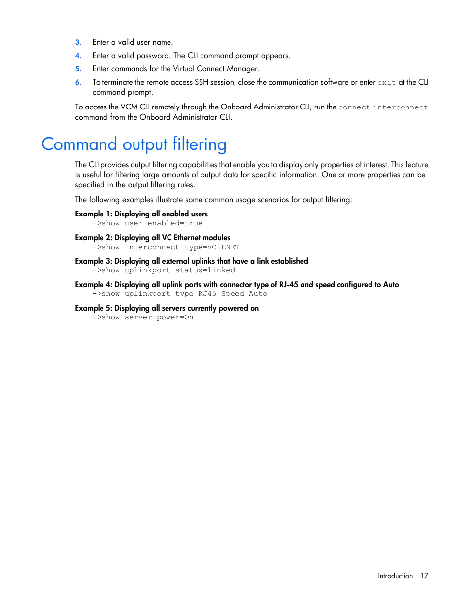 Command output filtering | HP Virtual Connect 4Gb Fibre Channel Module for c-Class BladeSystem User Manual | Page 17 / 192