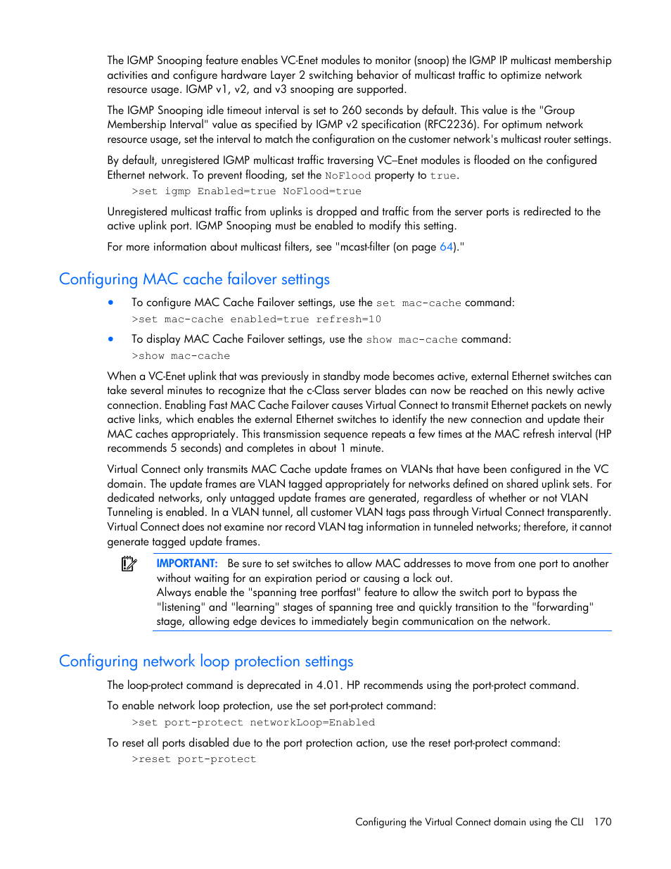 Configuring mac cache failover settings, Configuring network loop protection settings | HP Virtual Connect 4Gb Fibre Channel Module for c-Class BladeSystem User Manual | Page 170 / 192