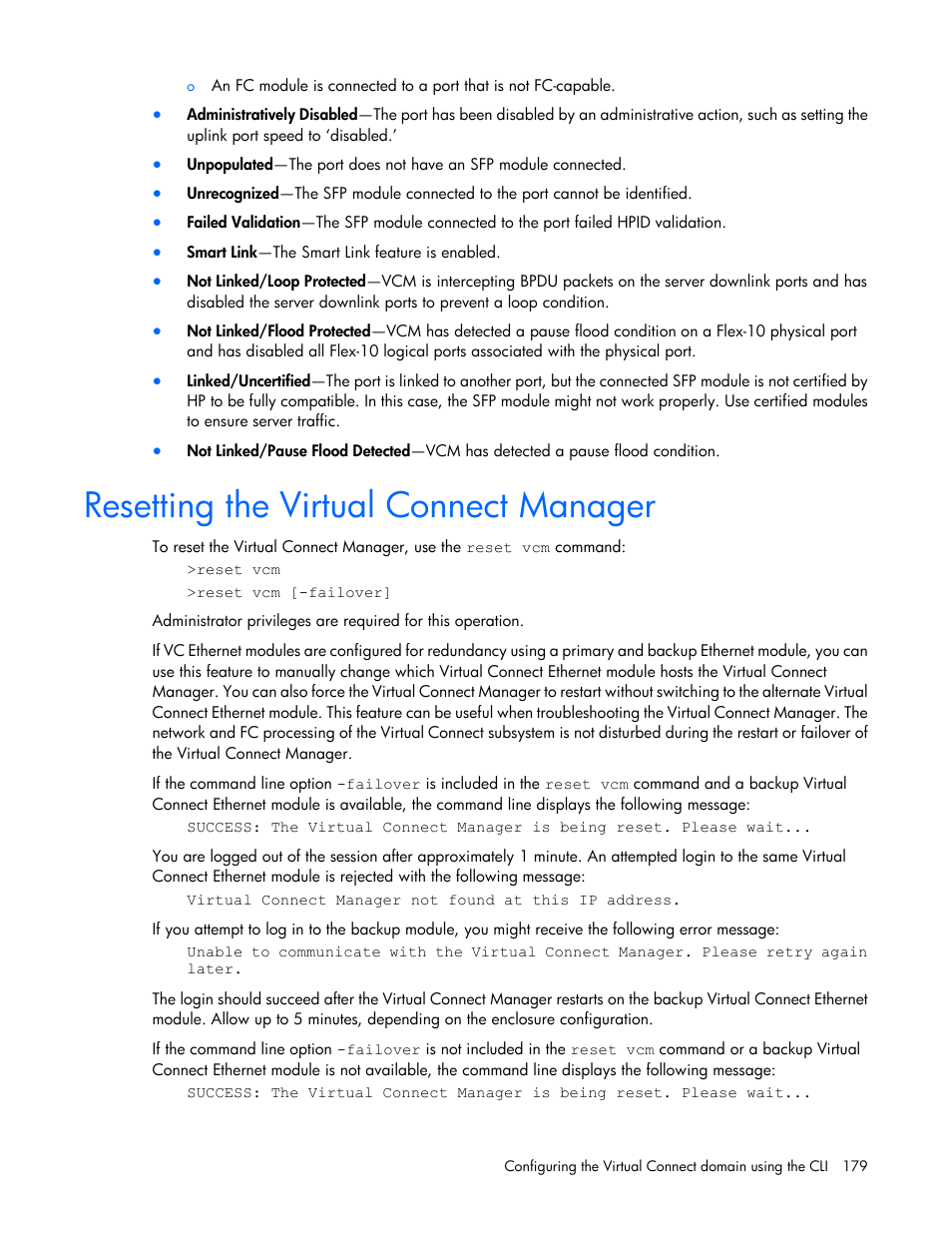 Resetting the virtual connect manager | HP Virtual Connect 4Gb Fibre Channel Module for c-Class BladeSystem User Manual | Page 179 / 192