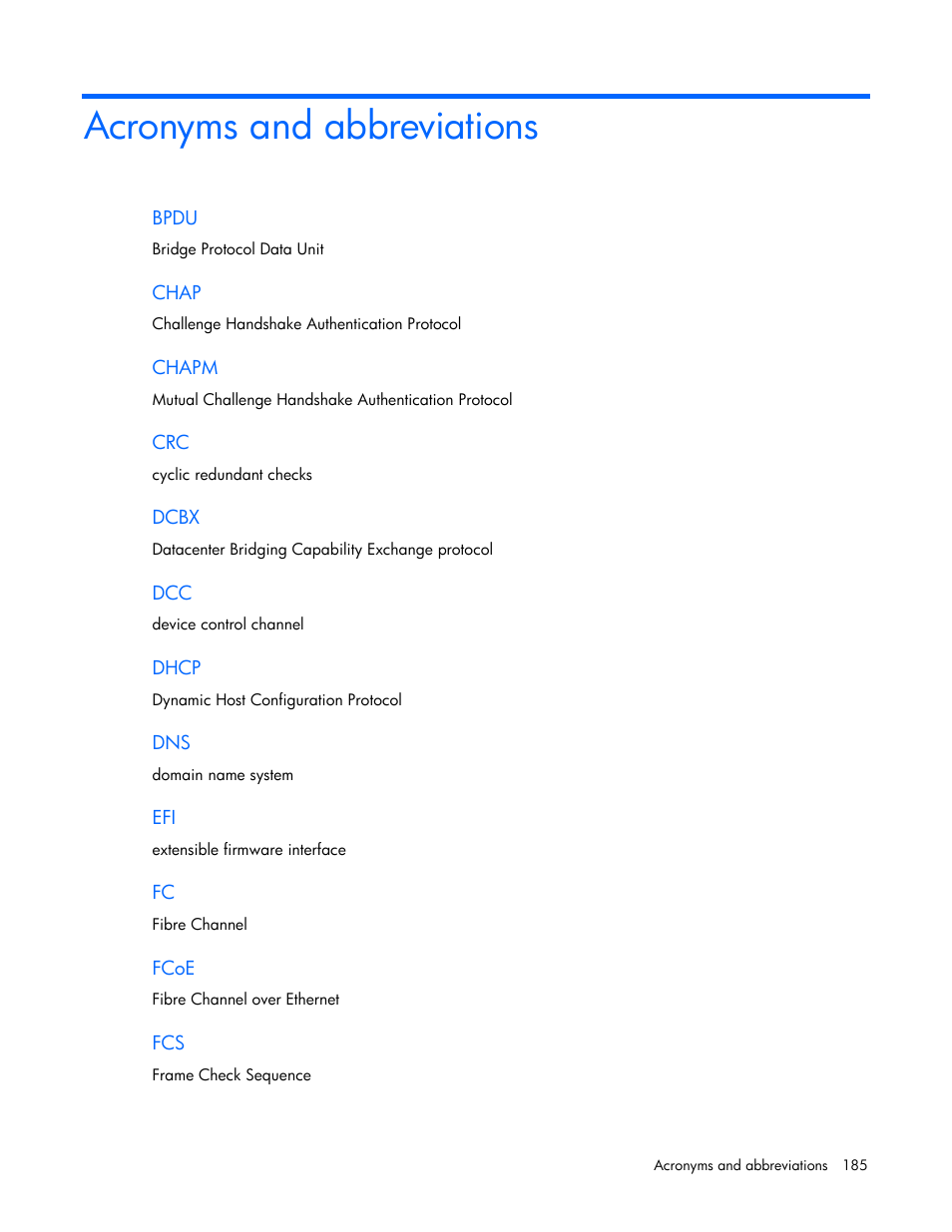 Acronyms and abbreviations | HP Virtual Connect 4Gb Fibre Channel Module for c-Class BladeSystem User Manual | Page 185 / 192