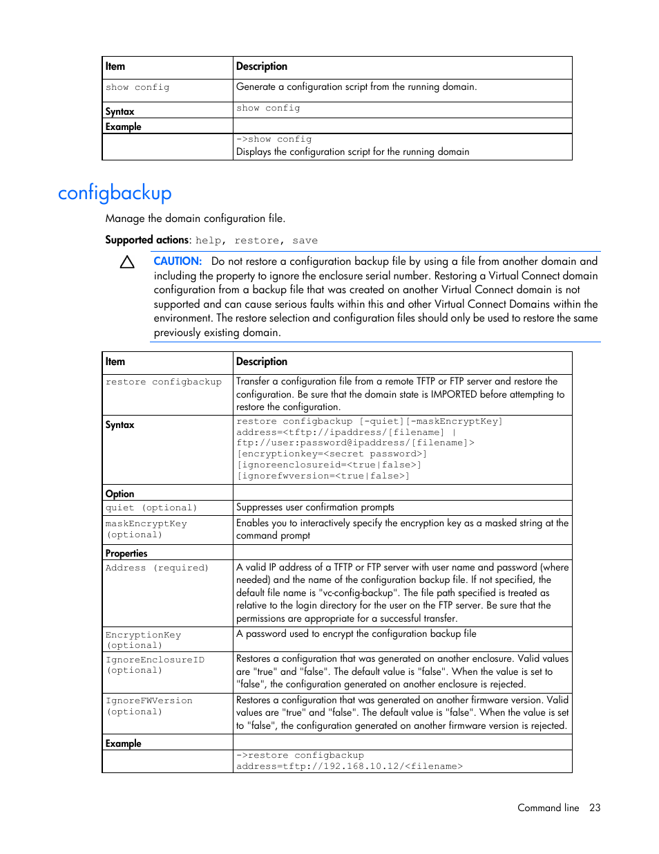 Configbackup | HP Virtual Connect 4Gb Fibre Channel Module for c-Class BladeSystem User Manual | Page 23 / 192