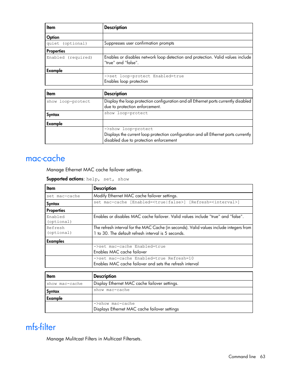 Mac-cache, Mfs-filter | HP Virtual Connect 4Gb Fibre Channel Module for c-Class BladeSystem User Manual | Page 63 / 192
