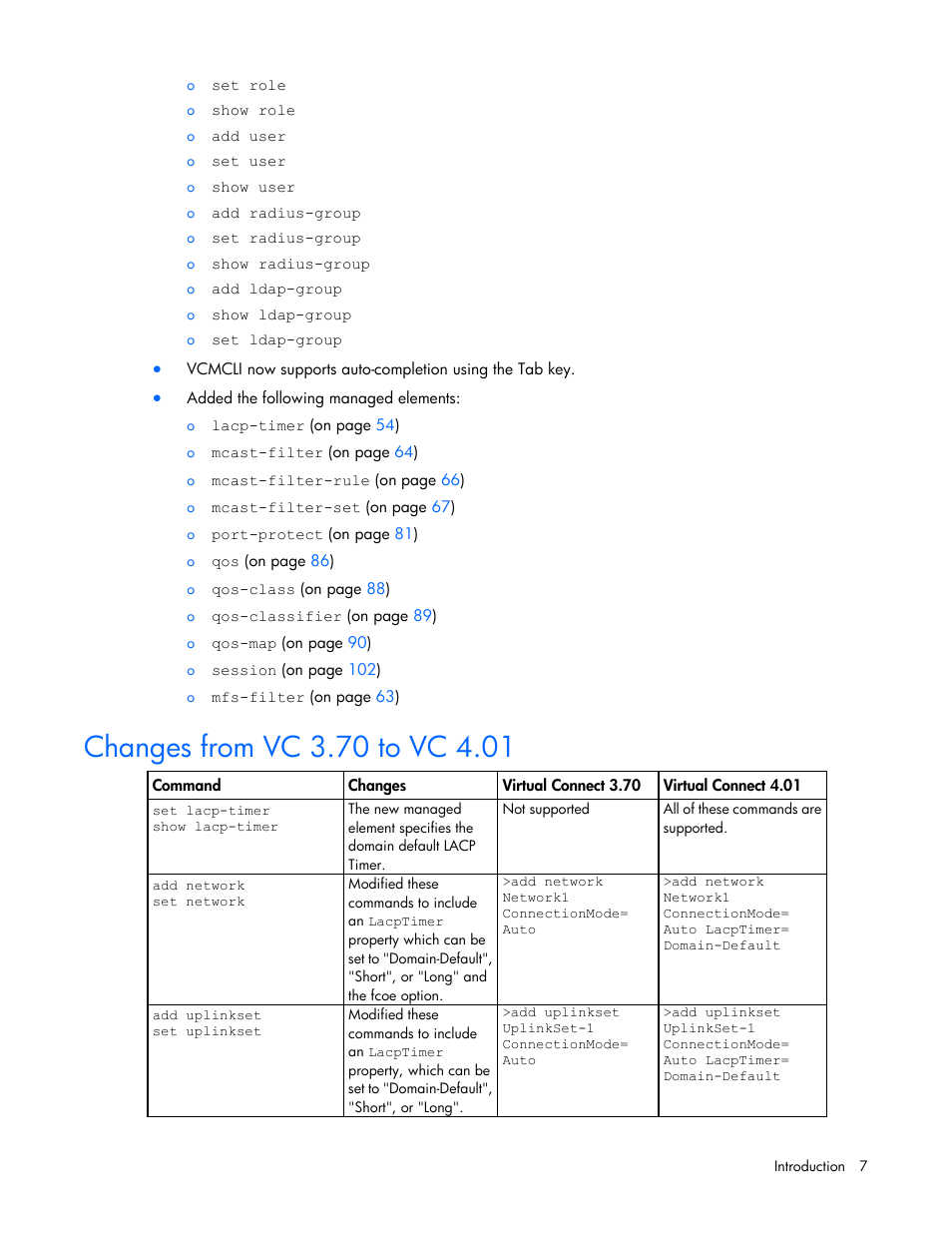 Changes from vc 3.70 to vc 4.01 | HP Virtual Connect 4Gb Fibre Channel Module for c-Class BladeSystem User Manual | Page 7 / 192