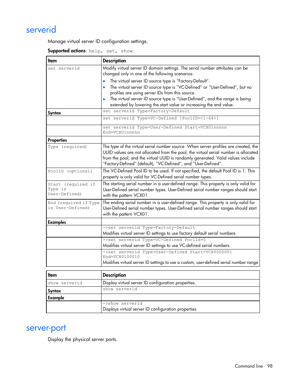 Serverid, Server-port | HP Virtual Connect 4Gb Fibre Channel Module for c-Class BladeSystem User Manual | Page 98 / 192