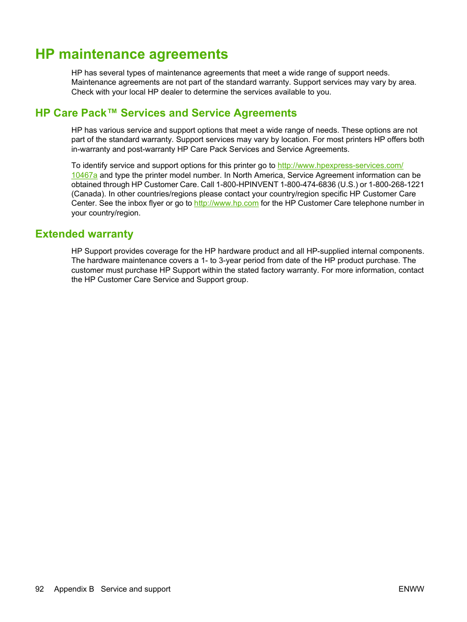 Hp maintenance agreements, Hp care pack™ services and service agreements, Extended warranty | HP Color LaserJet CP1215 Printer User Manual | Page 100 / 122