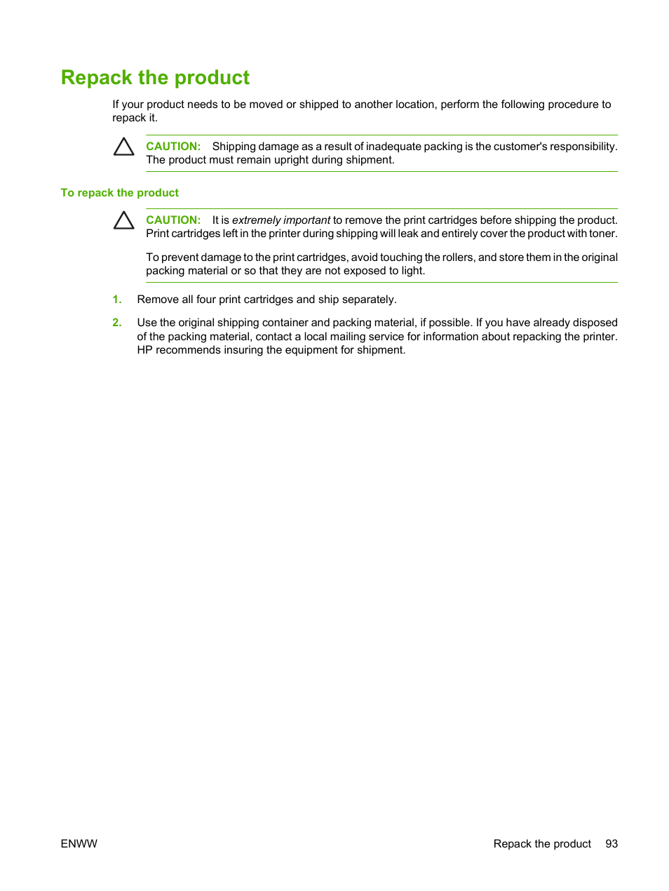 Repack the product | HP Color LaserJet CP1215 Printer User Manual | Page 101 / 122