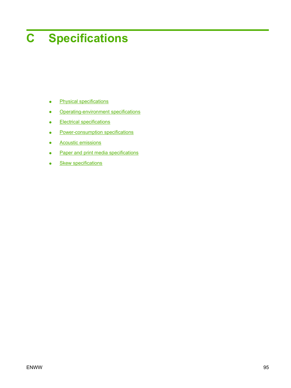 Specifications, Appendix c specifications, Cspecifications | HP Color LaserJet CP1215 Printer User Manual | Page 103 / 122