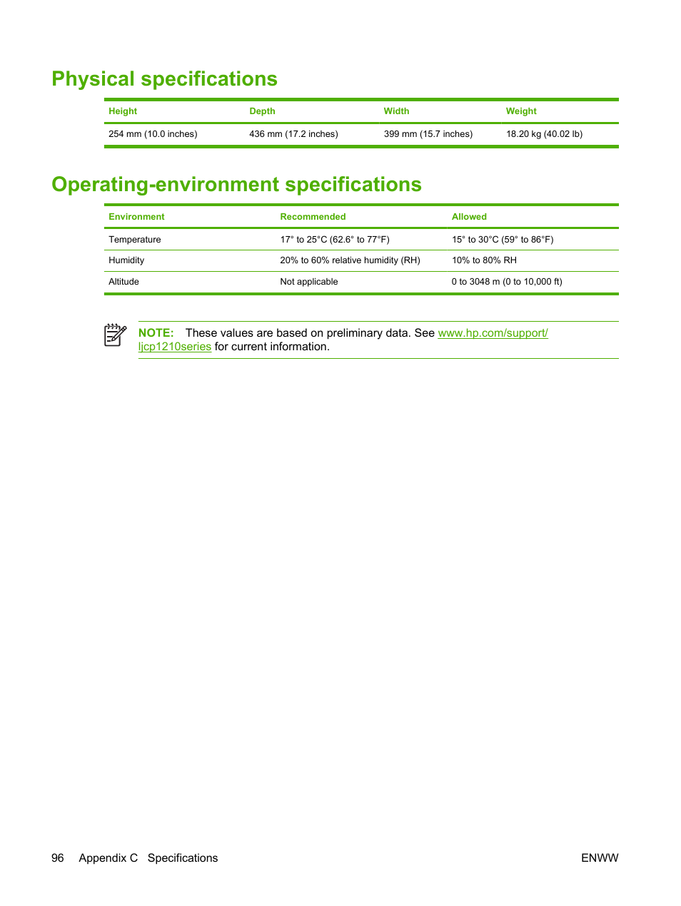 Physical specifications, Operating-environment specifications | HP Color LaserJet CP1215 Printer User Manual | Page 104 / 122