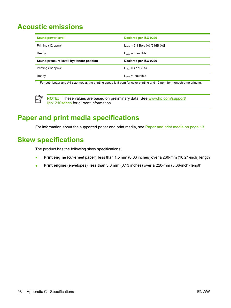 Acoustic emissions, Paper and print media specifications, Skew specifications | HP Color LaserJet CP1215 Printer User Manual | Page 106 / 122