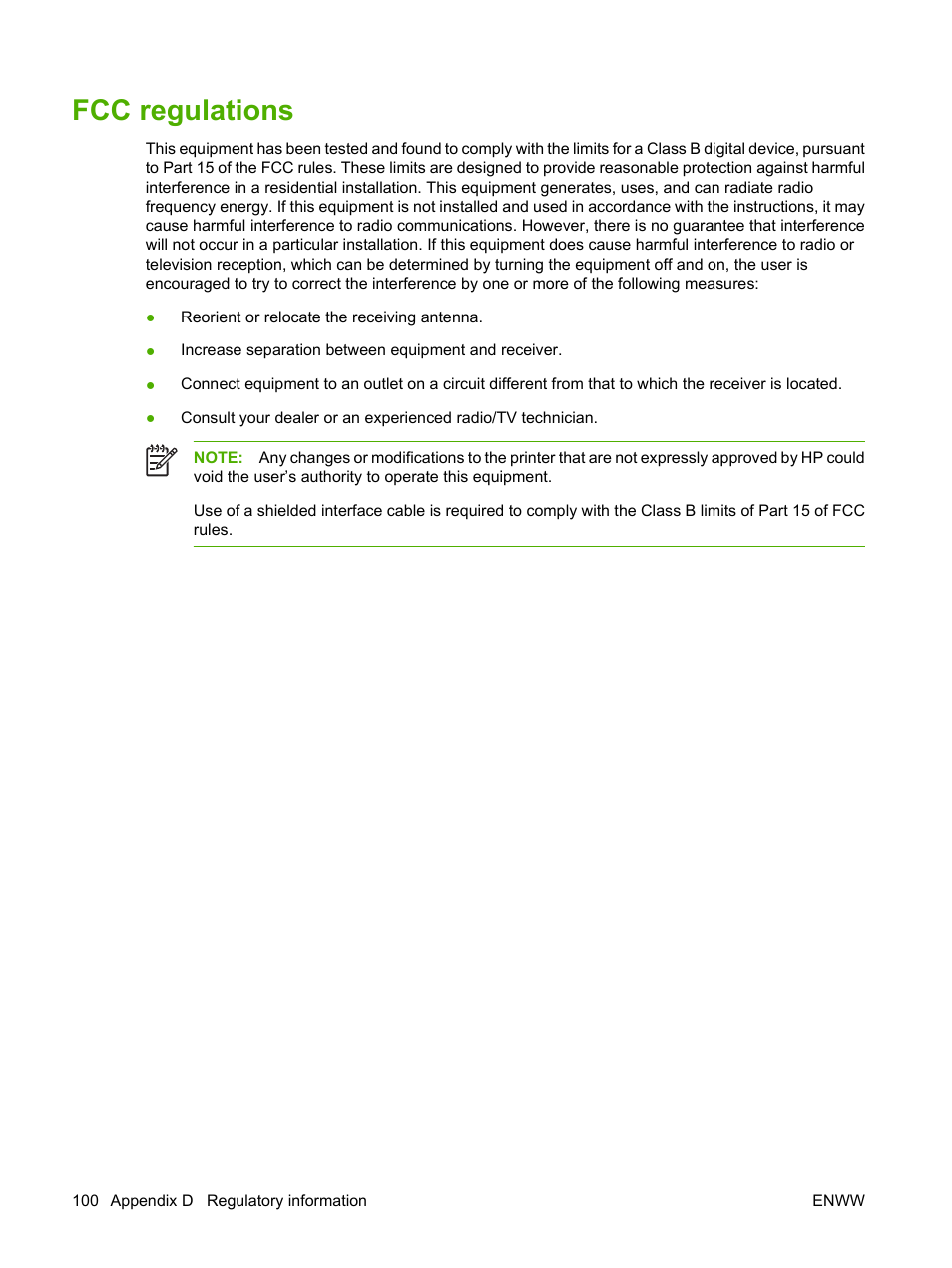 Fcc regulations | HP Color LaserJet CP1215 Printer User Manual | Page 108 / 122