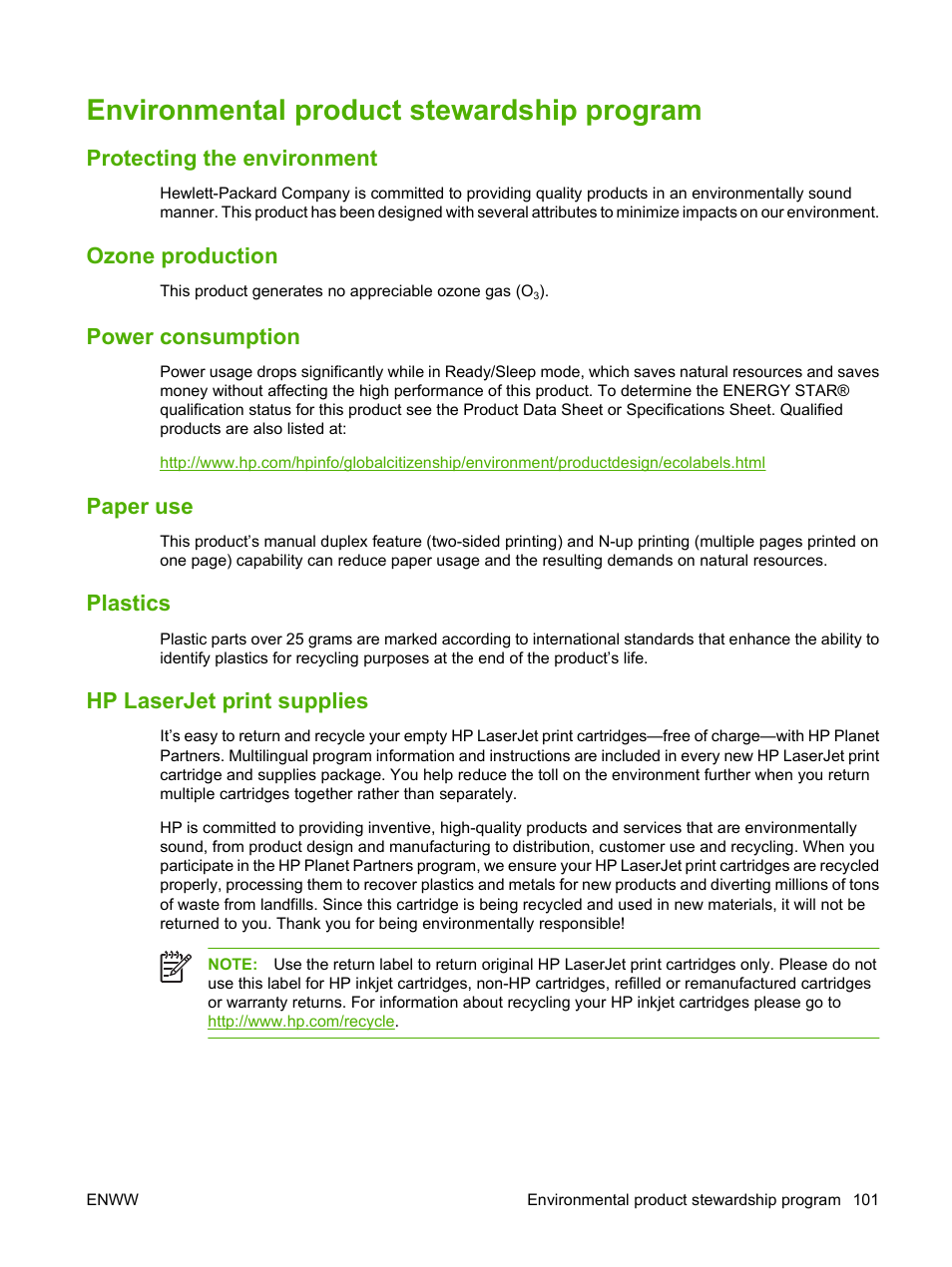 Environmental product stewardship program, Protecting the environment, Ozone production | Power consumption, Paper use, Plastics, Hp laserjet print supplies | HP Color LaserJet CP1215 Printer User Manual | Page 109 / 122