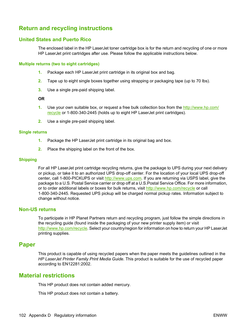 Return and recycling instructions, United states and puerto rico, Multiple returns (two to eight cartridges) | Single returns, Shipping, Non-us returns, Paper, Material restrictions, Paper material restrictions | HP Color LaserJet CP1215 Printer User Manual | Page 110 / 122
