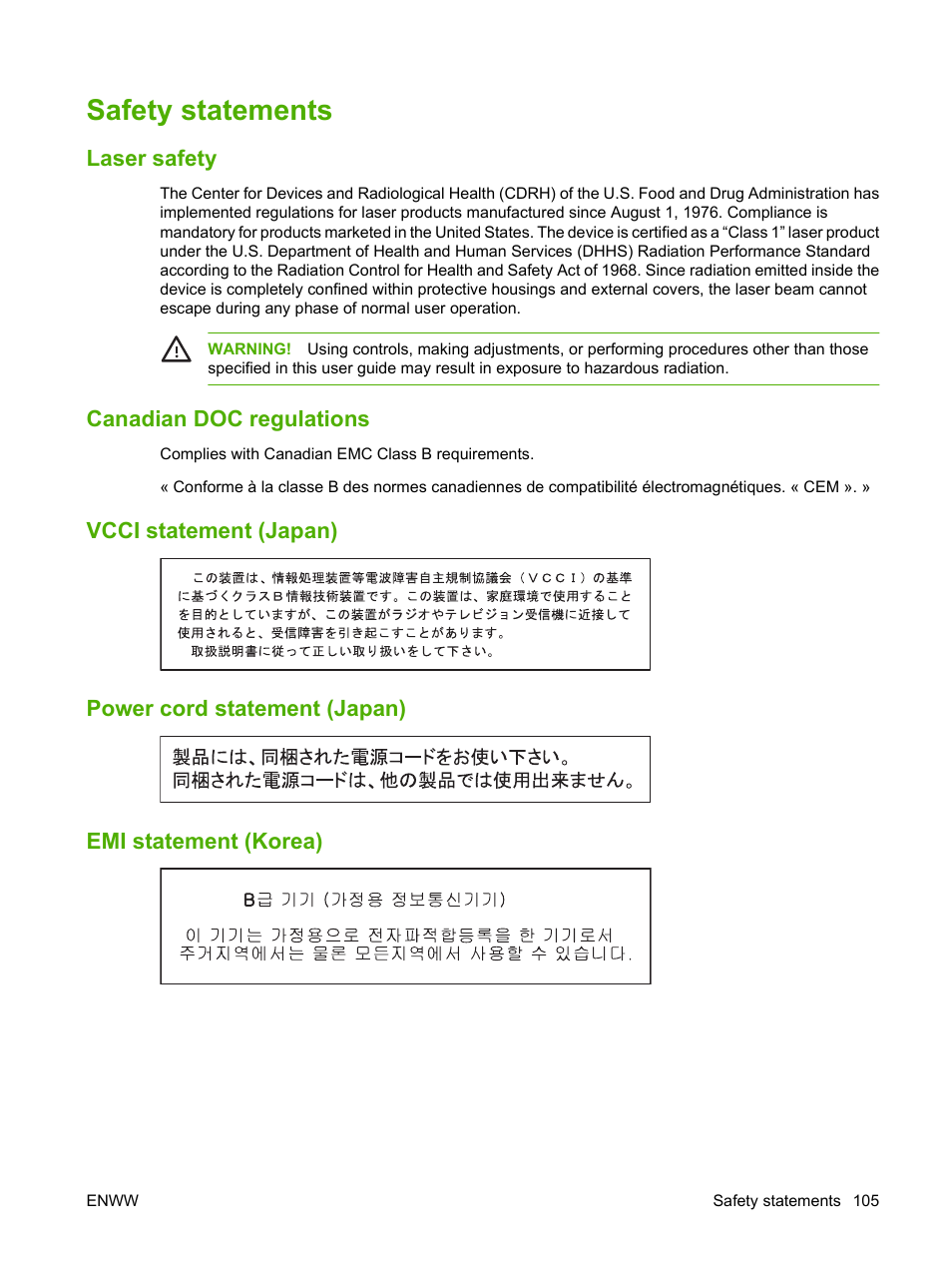 Safety statements, Laser safety, Canadian doc regulations | Vcci statement (japan), Power cord statement (japan), Emi statement (korea) | HP Color LaserJet CP1215 Printer User Manual | Page 113 / 122