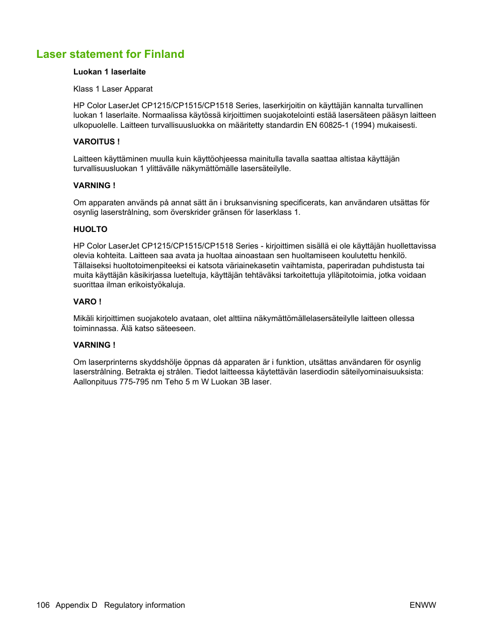 Laser statement for finland | HP Color LaserJet CP1215 Printer User Manual | Page 114 / 122