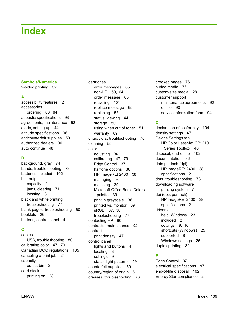 Index | HP Color LaserJet CP1215 Printer User Manual | Page 117 / 122