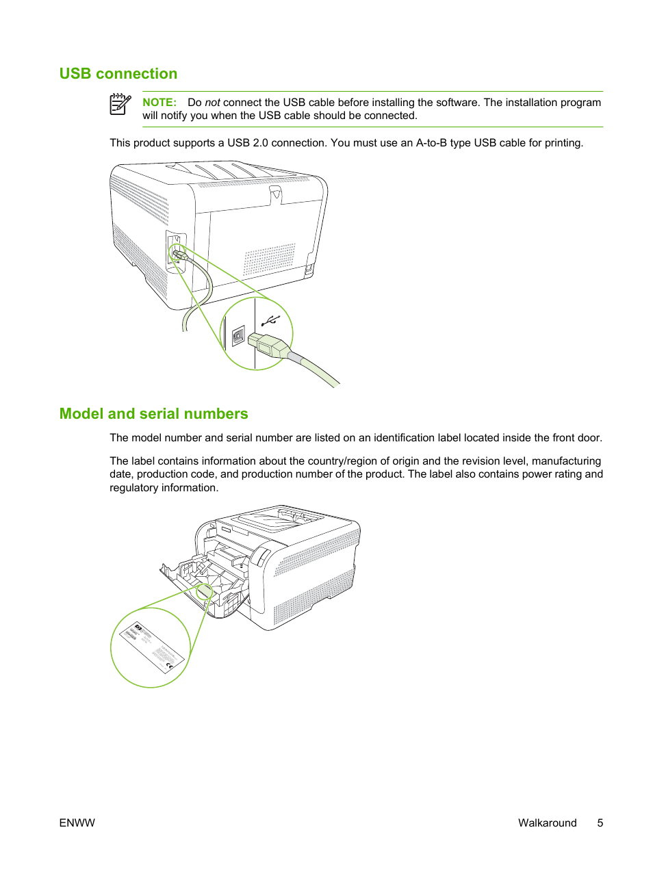 Usb connection, Model and serial numbers, Usb connection model and serial numbers | HP Color LaserJet CP1215 Printer User Manual | Page 13 / 122