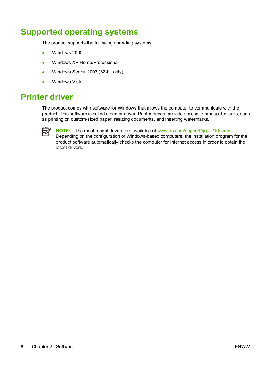 Supported operating systems, Printer driver, Supported operating systems printer driver | HP Color LaserJet CP1215 Printer User Manual | Page 16 / 122