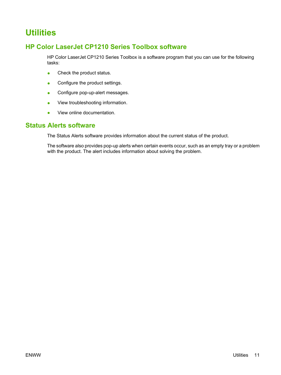 Utilities, Hp color laserjet cp1210 series toolbox software, Status alerts software | HP Color LaserJet CP1215 Printer User Manual | Page 19 / 122