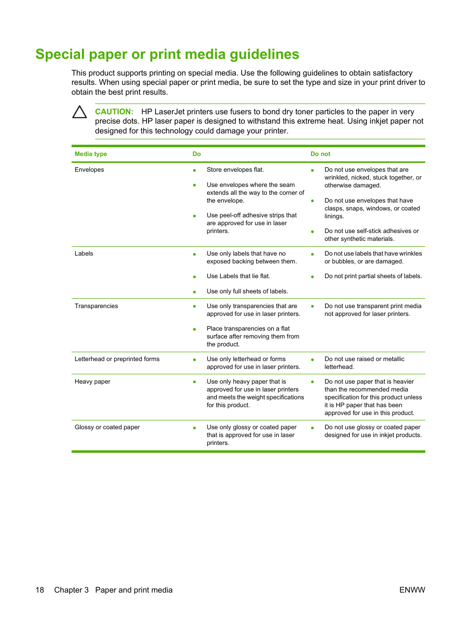 Special paper or print media guidelines | HP Color LaserJet CP1215 Printer User Manual | Page 26 / 122