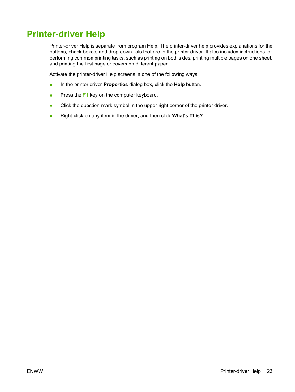 Printer-driver help | HP Color LaserJet CP1215 Printer User Manual | Page 31 / 122