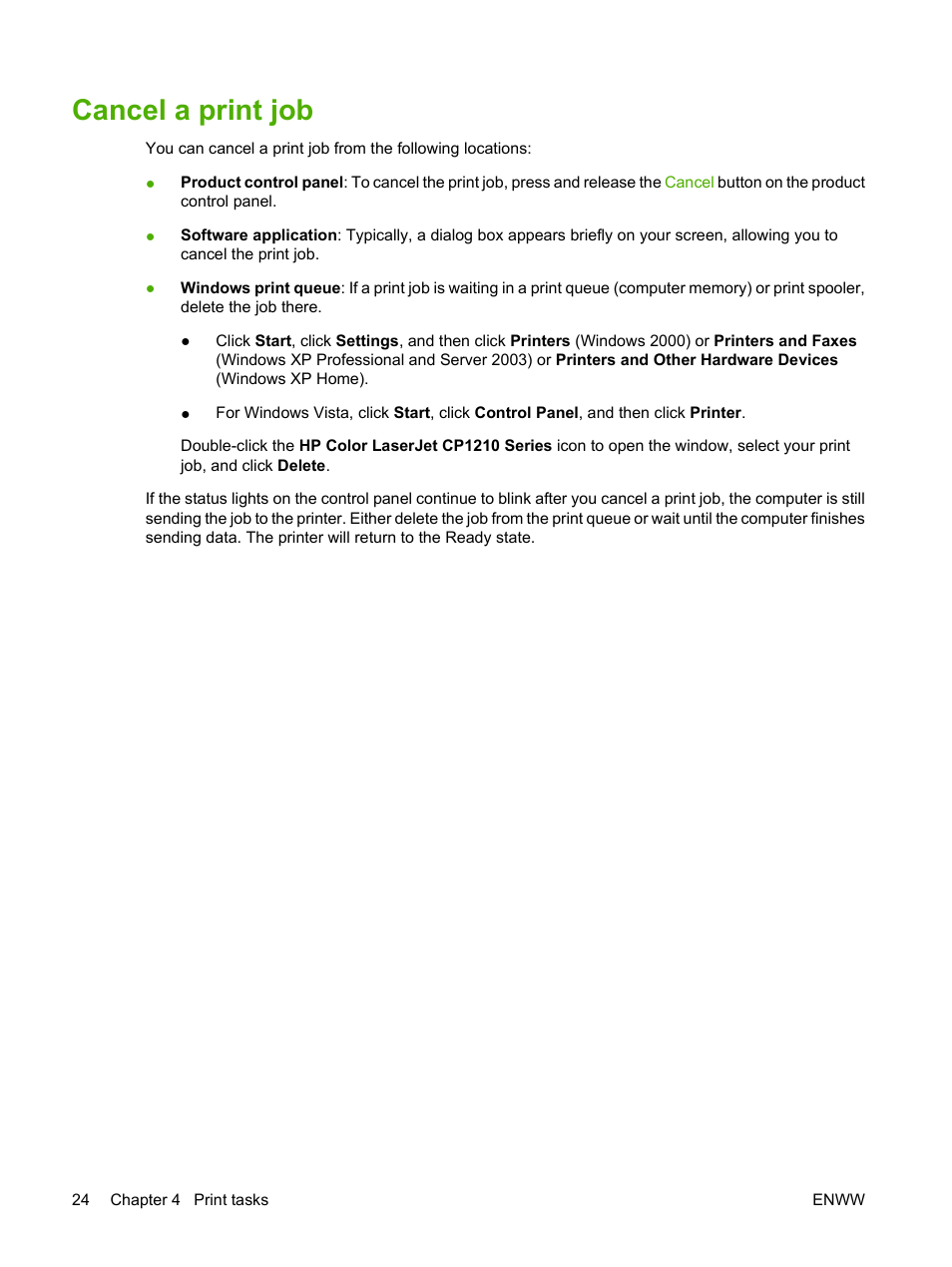Cancel a print job | HP Color LaserJet CP1215 Printer User Manual | Page 32 / 122