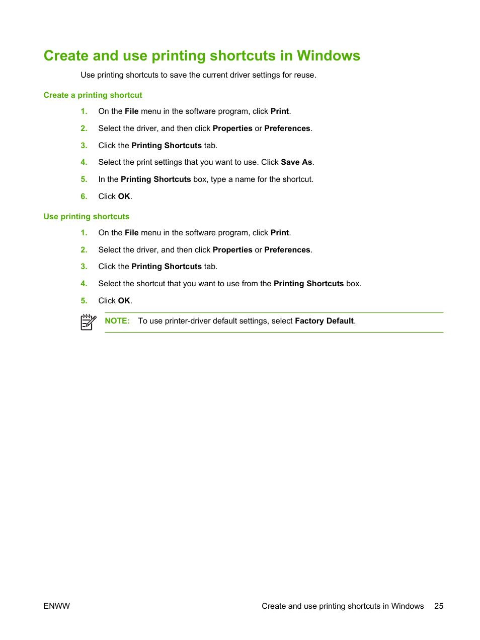 Create and use printing shortcuts in windows | HP Color LaserJet CP1215 Printer User Manual | Page 33 / 122