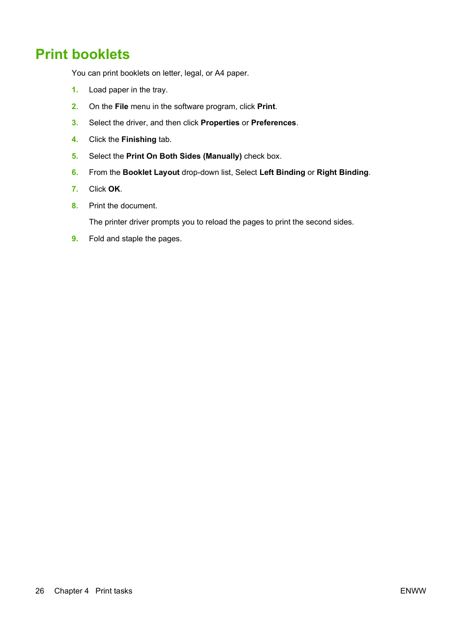 Print booklets | HP Color LaserJet CP1215 Printer User Manual | Page 34 / 122